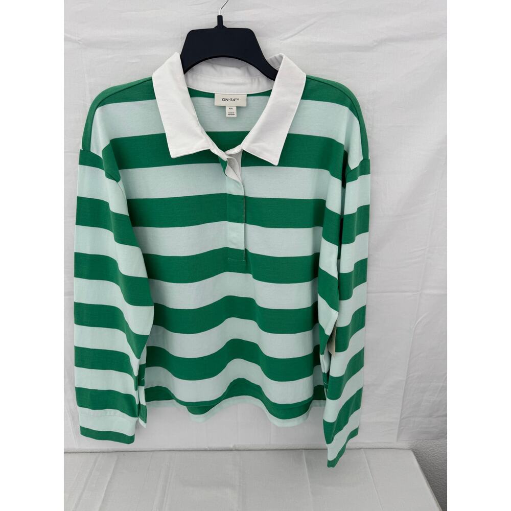 ON-34TH Women’s XXL Green & White Striped Polo Knit Long Sleeve Shirt